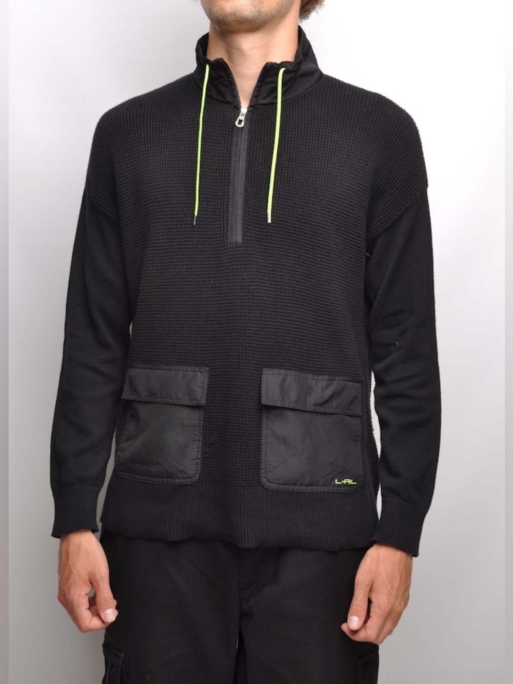 Lauren Active Ralph Lauren Mixed Media Knit Quarter-Zip Sweater - Black/Neon - M